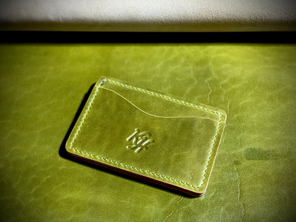 Bulldog Wallet shown in Olive Horse Butt from the Cloe Tannery in Italy, with Olive Ghost Leather Liner and Light Olive Thread